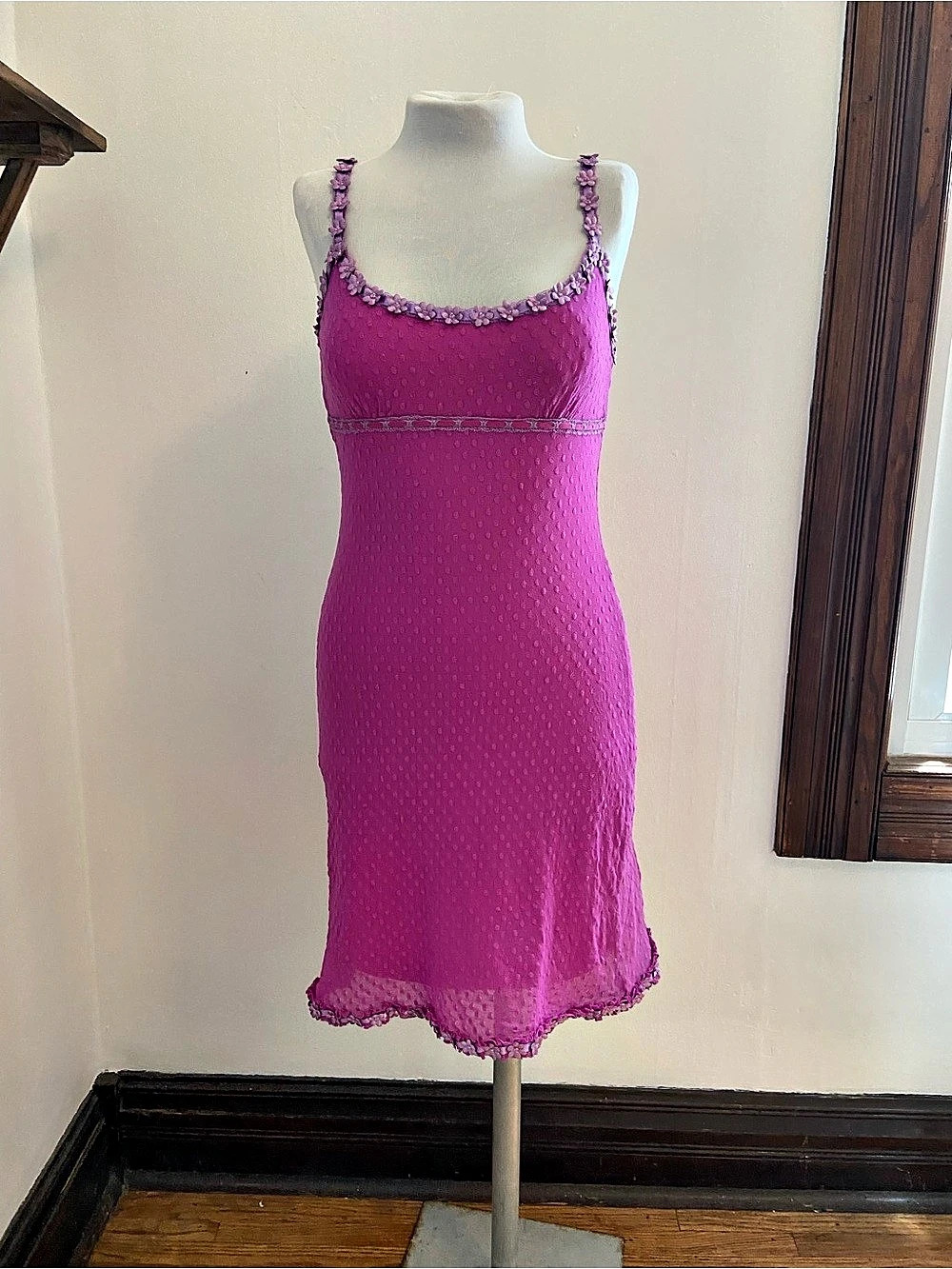 Vintage Betsey Johnson 90 2000 y2k Pink Floral Lace Dot Dress Mesh Rosette midi
